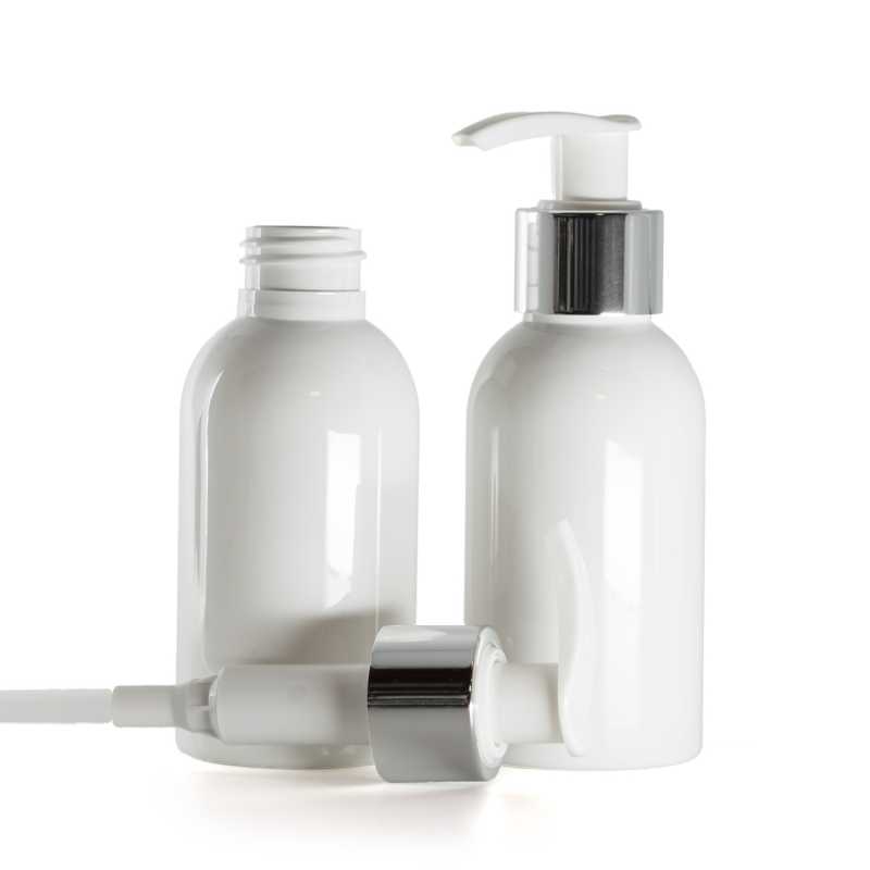 Frasco de plástico blanco, dosificador blanco con anillo plateado, 100 ml