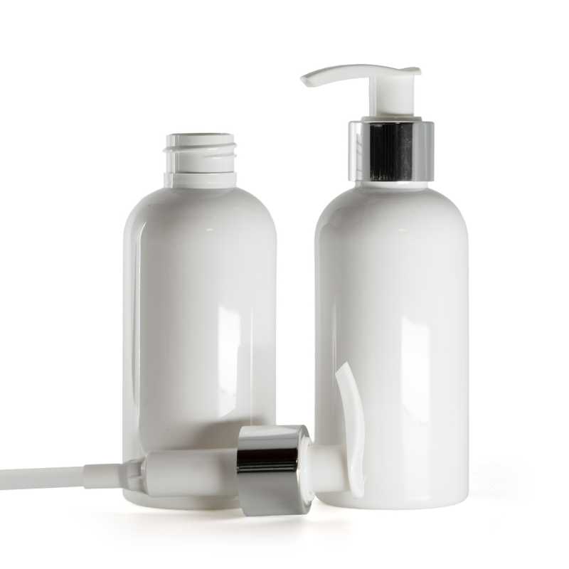 Botella de plástico blanca, dispensador blanco con anillo liso plateado, 150 ml