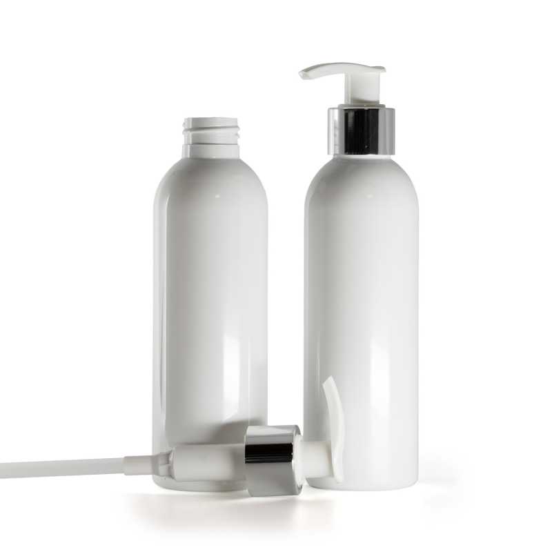 Botella de plástico blanca, dispensador blanco con anillo plateado, 200 ml