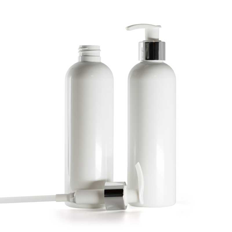 Botella de plástico blanca, bomba blanca con cuello plateado brillante, 250 ml