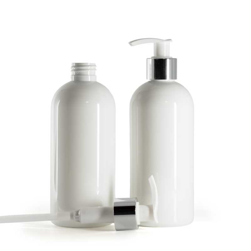 Botella de plástico blanca, dosificador blanco con anillo plateado brillante, 300 ml