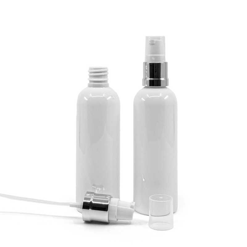 Botella de plástico, blanca, tapa dispensadora blanco plateado brillante, 100 ml