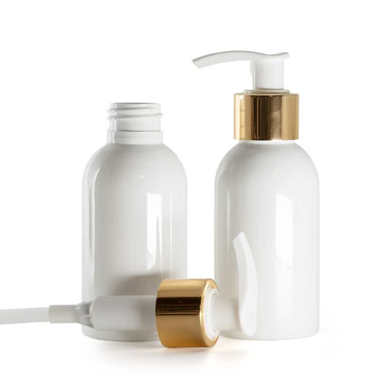 Frasco de plástico blanco, dispensador blanco con cuello liso dorado, 100 ml