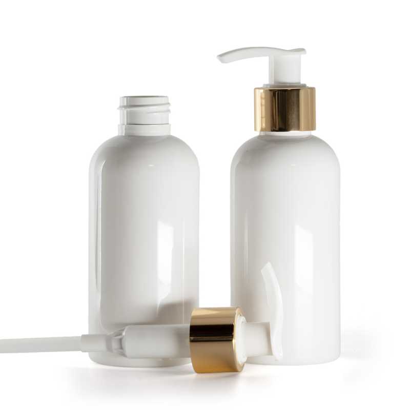 Botella de plástico blanca, bomba loción blanca con cuello liso dorado brillante, 150 ml