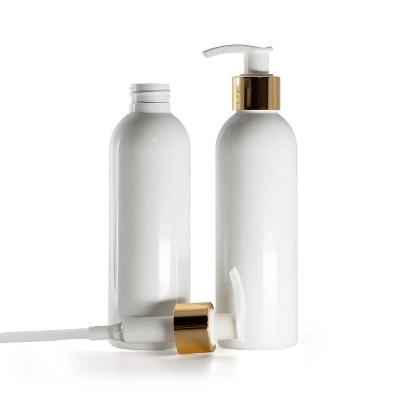 Botella de plástico blanca, bomba blanca con anillo dorado liso, 200 ml