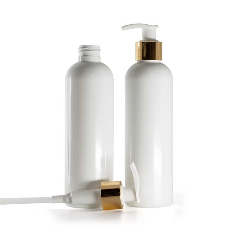 Botella de plástico blanca, bomba loción blanca con anillo dorado brillante, 250 ml