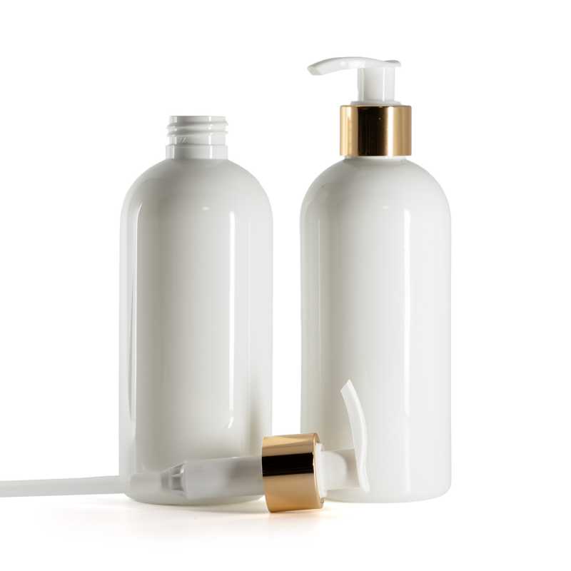 Botella de plástico blanca, dispensador blanco con collar dorado brillante, 300 ml