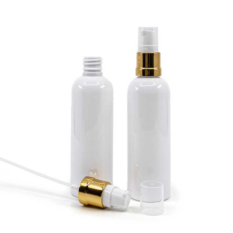 Botella de plástico, blanca, bomba blanca dorada brillante, 100 ml