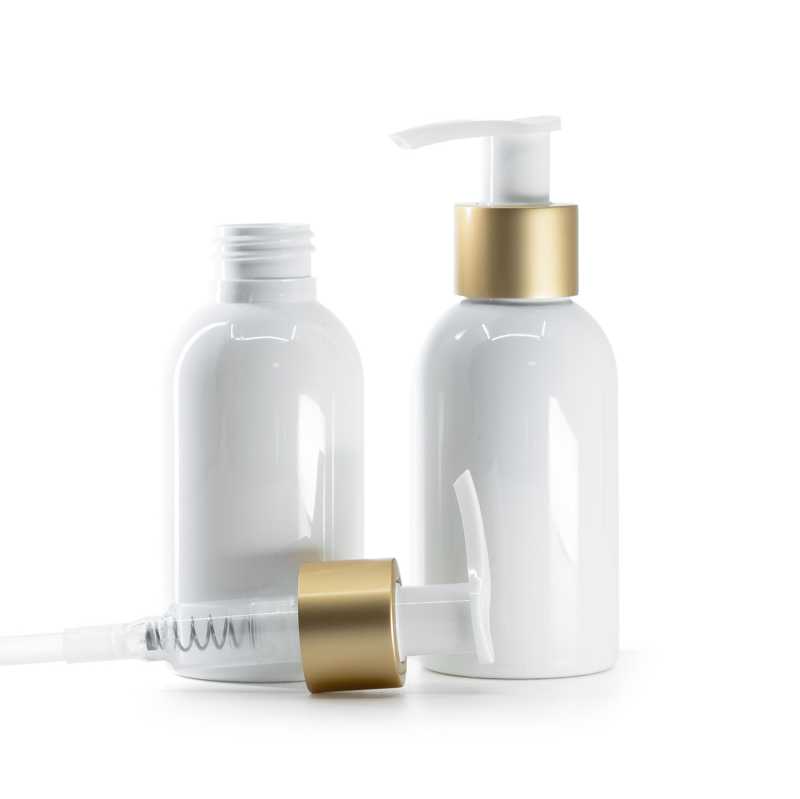 Frasco de plástico blanco, bomba blanca con anillo dorado mate, 100 ml