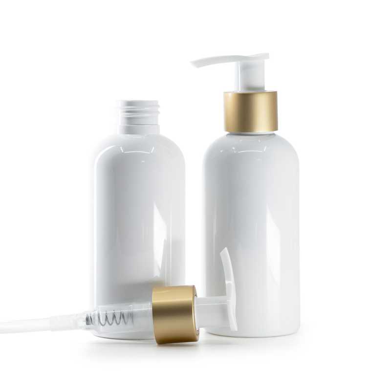 Botella de plástico blanca, bomba blanca con collar dorado mate, 150 ml