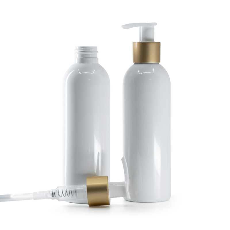 Botella de plástico blanca, bomba para loción blanca con anillo dorado mate, 200 ml