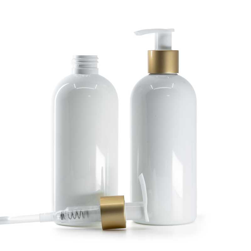 Botella de plástico blanca, bomba para loción blanca con cuello dorado mate, 300 ml