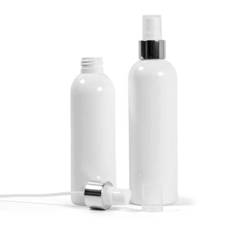 Botella de plástico blanca, pulverizador blanco, anillo plateado brillante, 200 ml