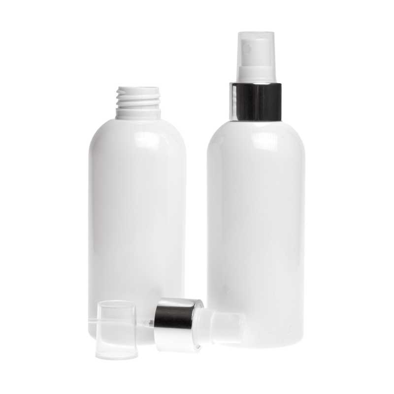 Botella de plástico blanca, pulverizador blanco, anillo plateado brillante, 300 ml