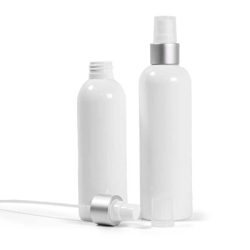 Botella de plástico blanca, pulverizador blanco, anillo plateado mate, 200 ml