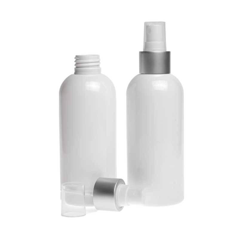Botella de plástico blanca, pulverizador blanco, anillo plateado mate, 300 ml
