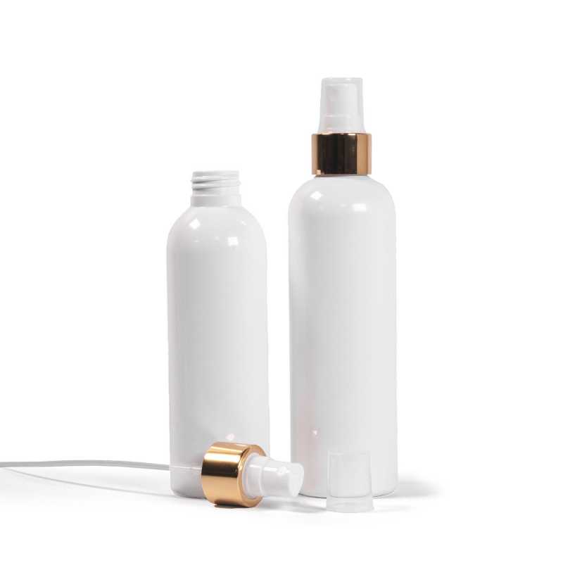 Botella de plástico blanca, pulverizador blanco, anillo dorado brillante, 200 ml