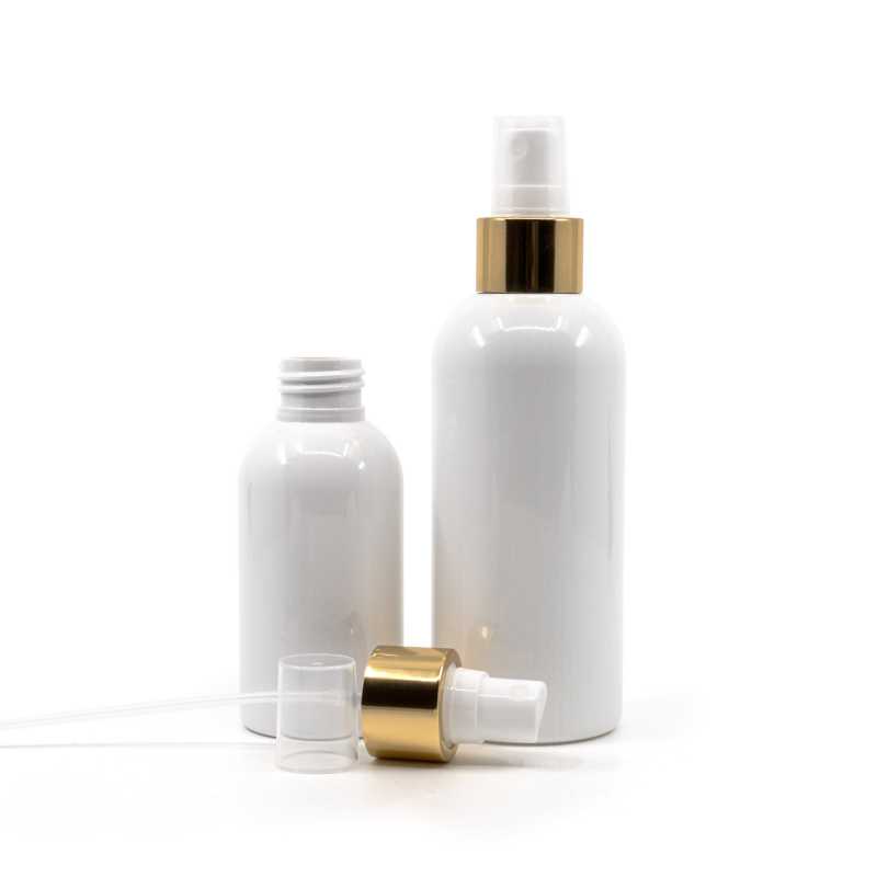 Botella de plástico blanca, pulverizador blanco, anillo dorado brillante, 300 ml