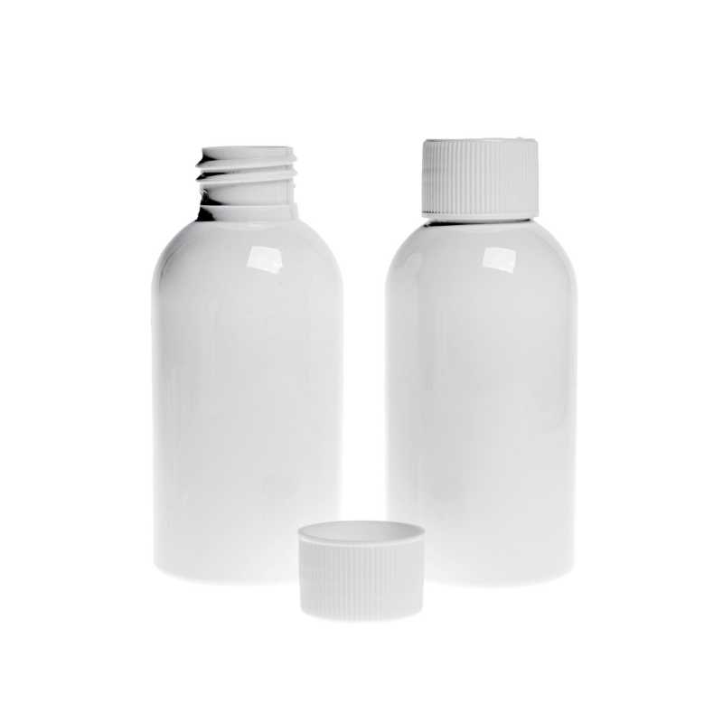 Frasco de plástico blanco, tapón blanco, 100 ml