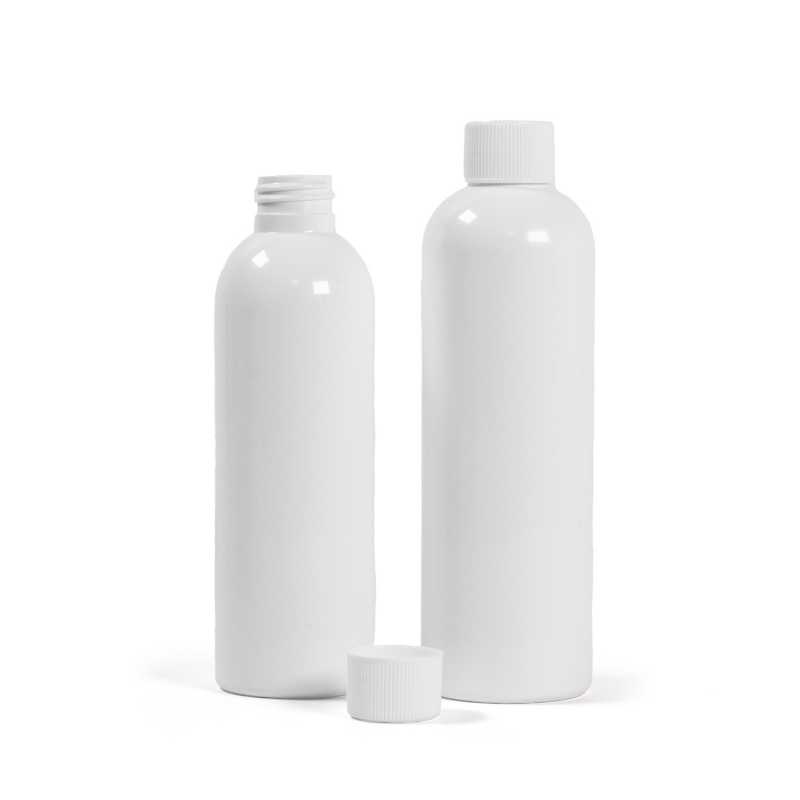 Botella de plástico blanca, tapón de rosca blanco, 250 ml