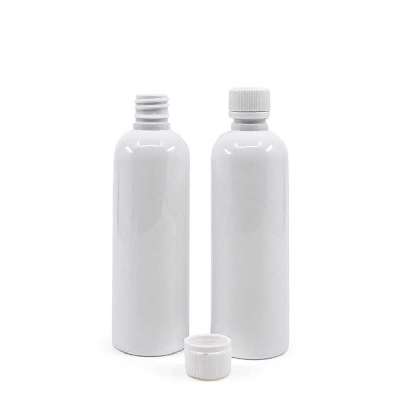 Botella de plástico, blanca, tapón de seguridad blanco, 100 ml