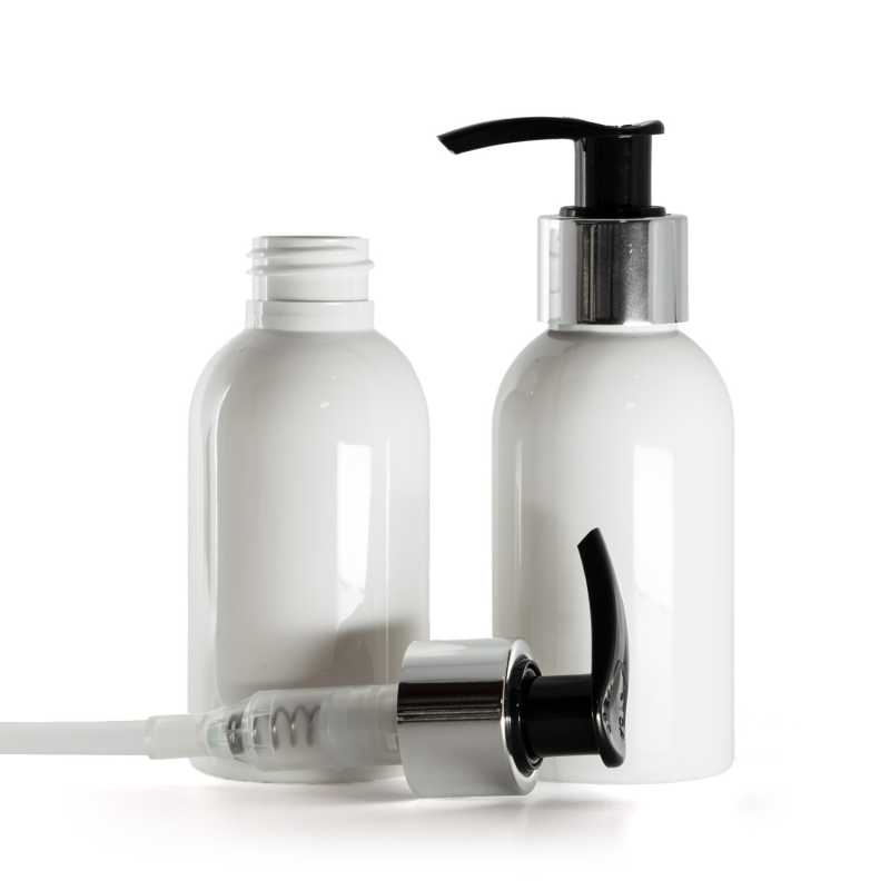 Frasco de plástico blanco, dispensador negro y plateado, 100 ml