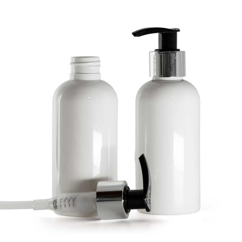 Botella de plástico blanca, dispensador negro y plateado, 150 ml