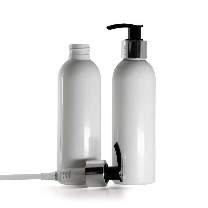 Botella de plástico blanca, dispensador negro y plateado, 200 ml