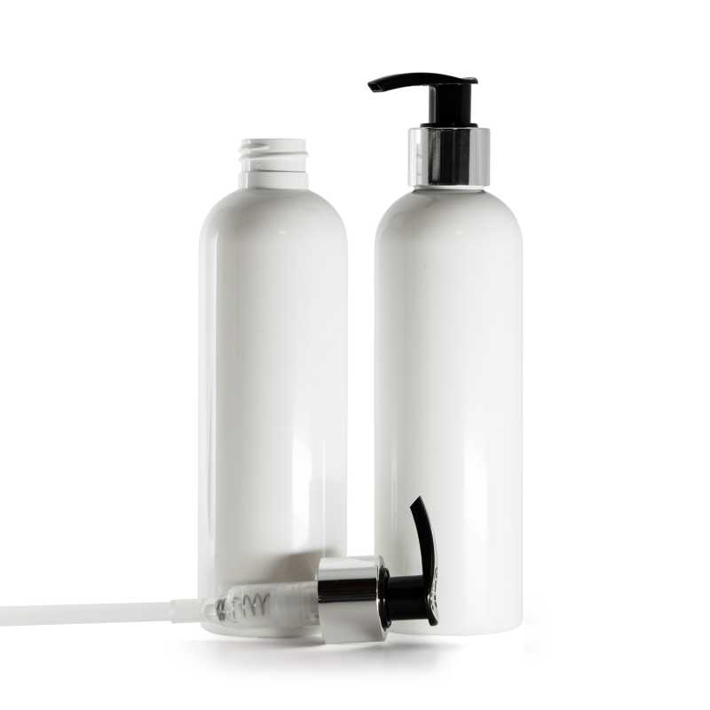 Botella de plástico blanca, dispensador negro y plateado, 250 ml