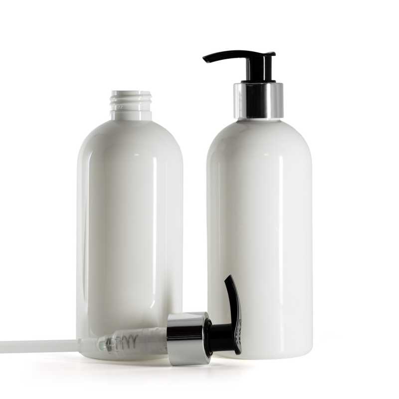 Botella de plástico blanca, dispensador negro y plateado, 300 ml