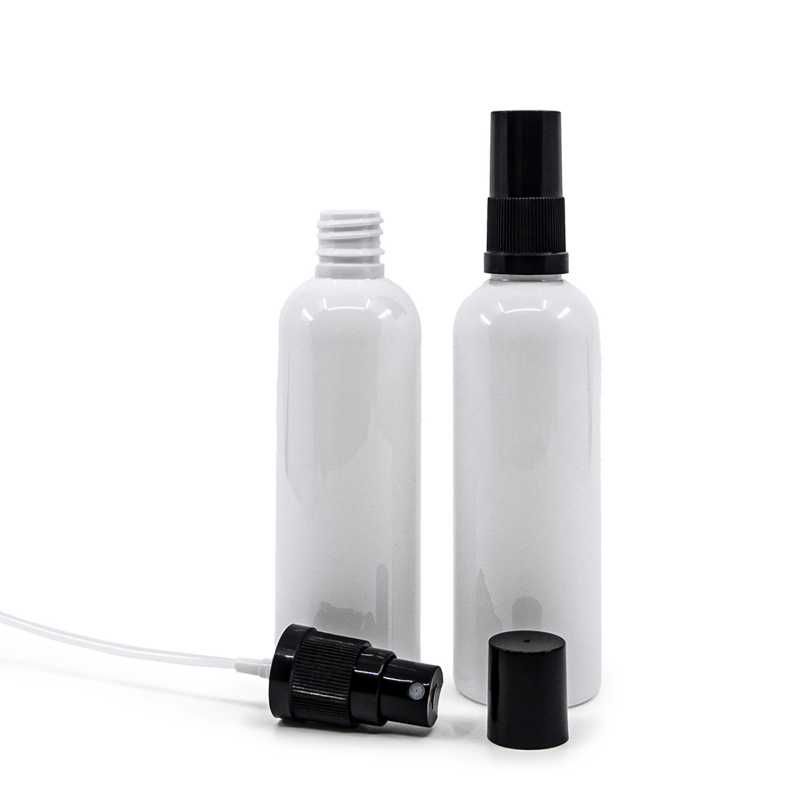 Botella de plástico, blanca, pulverizador, negro, 100 ml