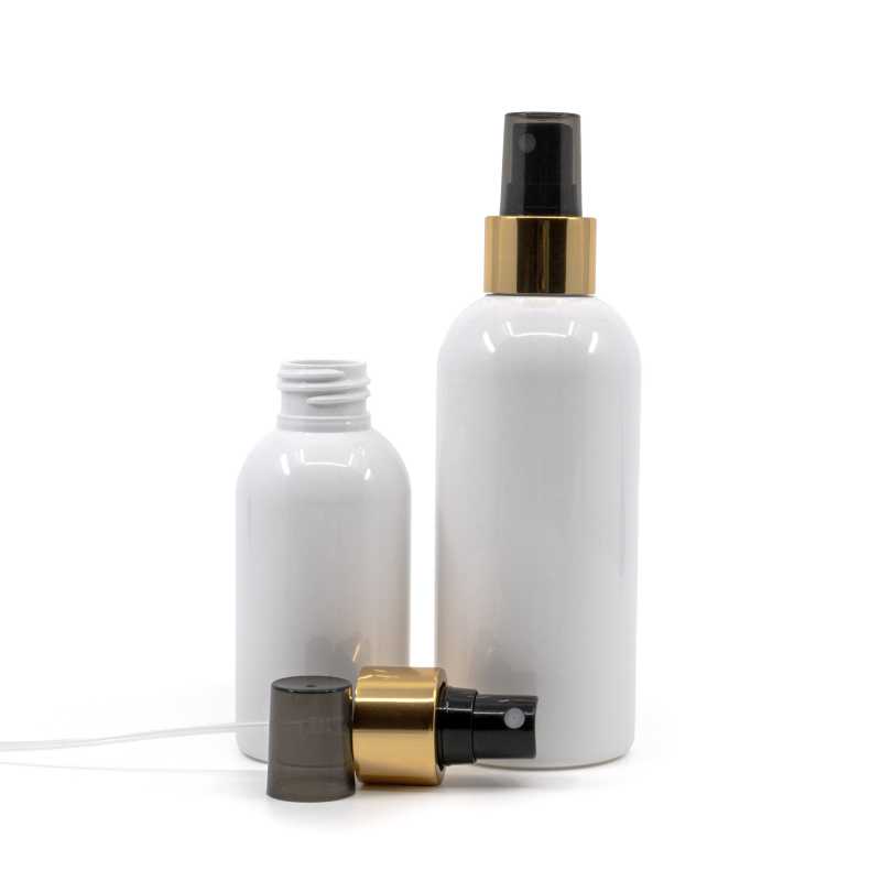 Frasco de plástico blanco, pulverizador negro, anillo dorado brillante, 100 ml
