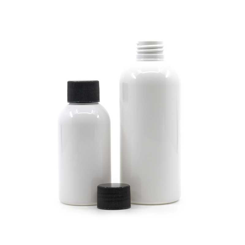 Botella de plástico blanca, tapón de rosca negro estriado, 100 ml