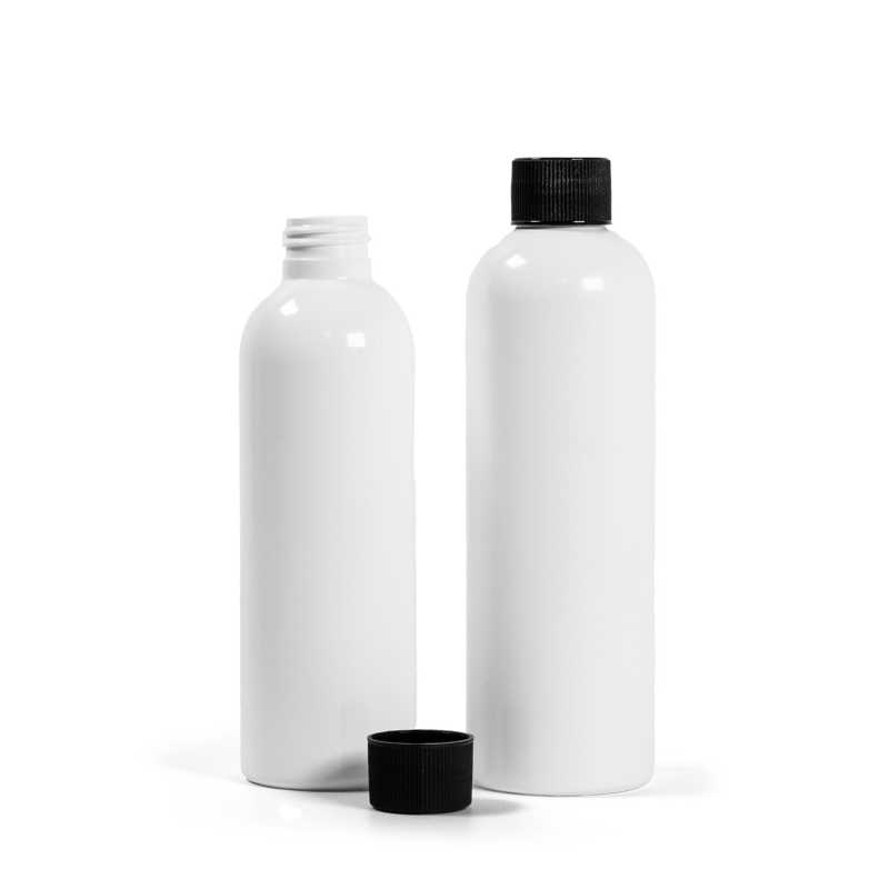 Botella de plástico blanca, tapón de rosca negro estriado, 250 ml