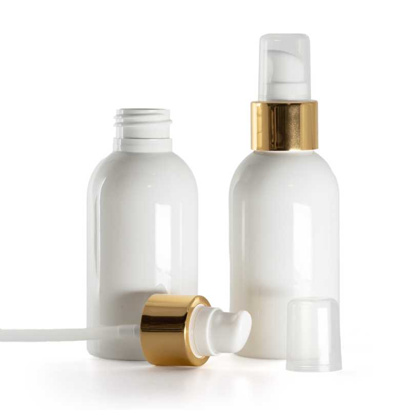 Botella de plástico blanca, bomba loción blanca con sobretapa, dorado brillante, 100 ml