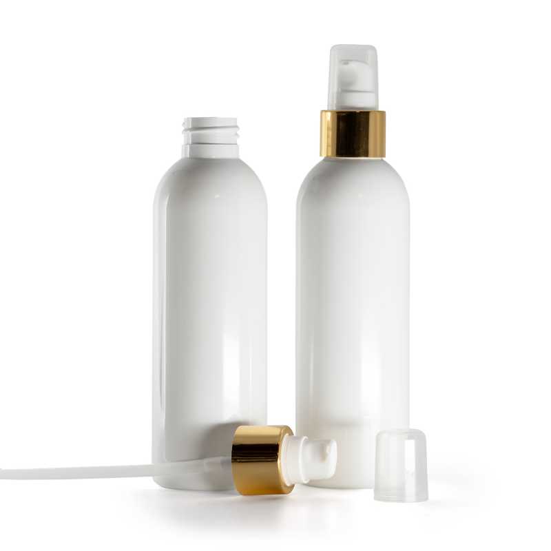Botella de plástico blanca, bomba loción blanca con sobretapa, dorado brillante, 200 ml