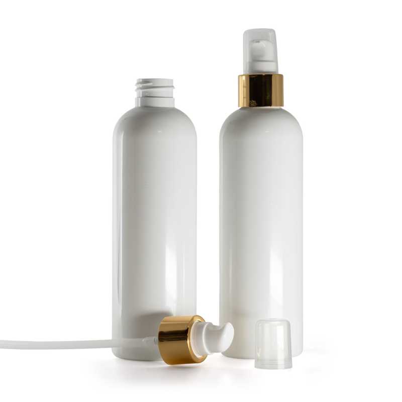 Botella de plástico blanca, dispensador de crema con sobretapa, blanco-dorado, 250 ml
