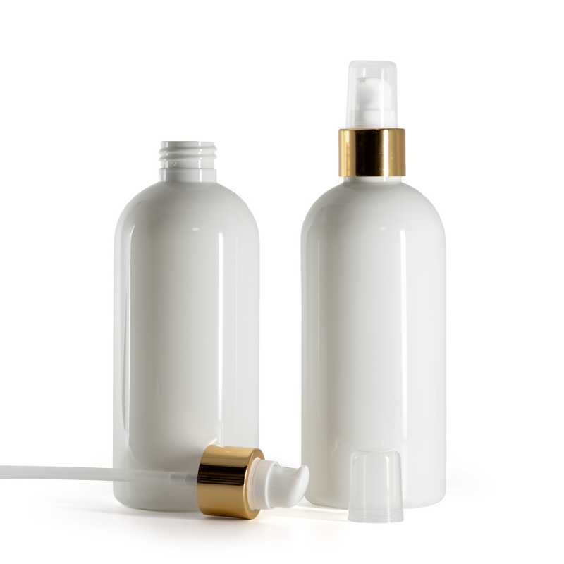 Botella de plástico blanca, bomba para loción blanca con sobretapa, dorado brillante, 300 ml