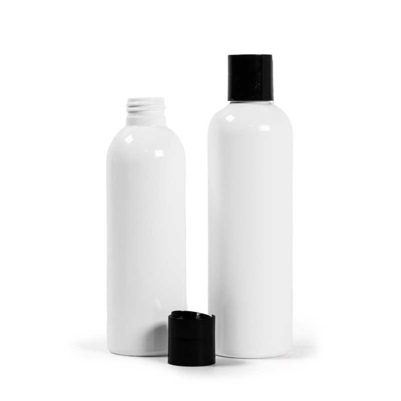 Botella de plástico blanca, tapón disc-top negro, 200 ml