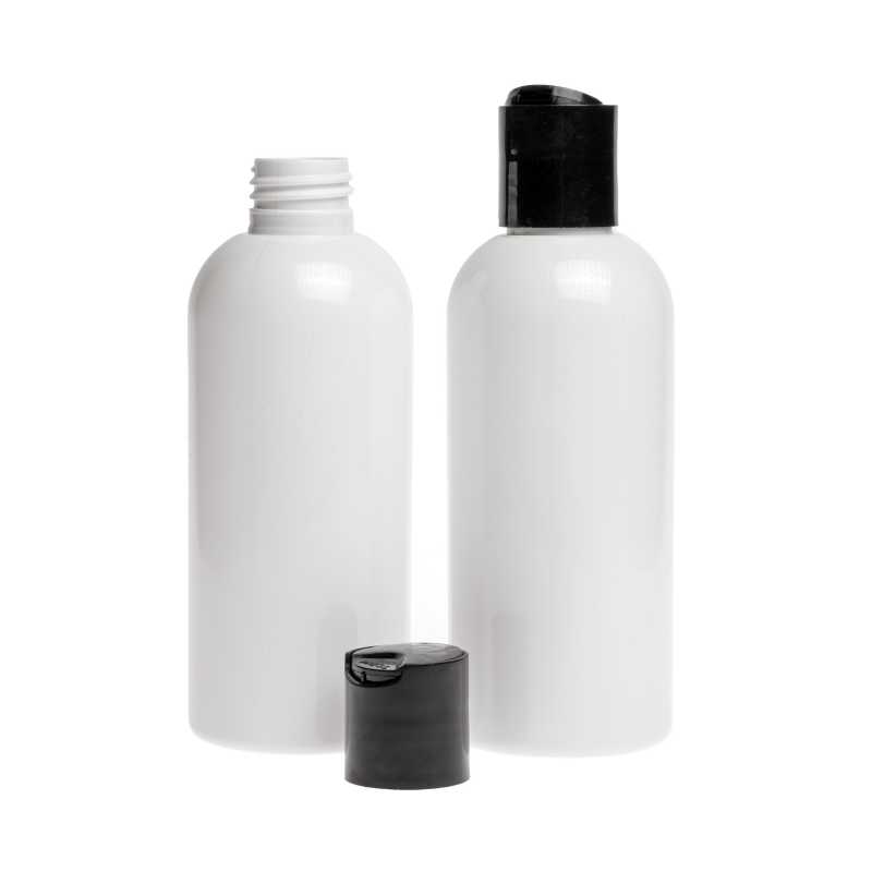Botella de plástico blanca, tapón disc-top negro, 300 ml