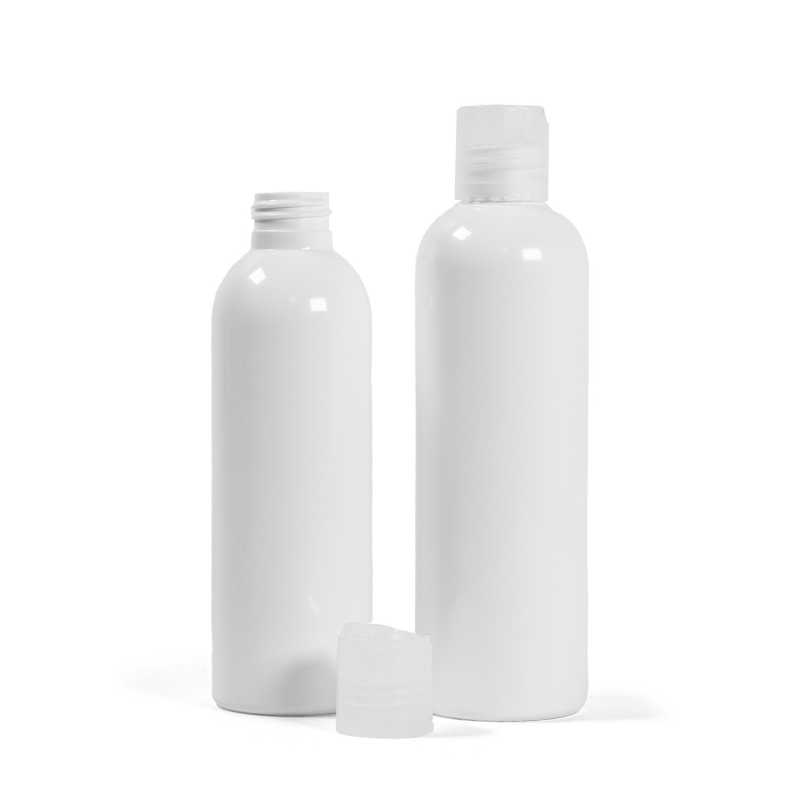 Botella de plástico blanca, tapón disc-top transparente, 250 ml