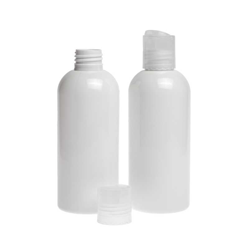 Botella de plástico blanca, tapón disc-top transparente, 300 ml