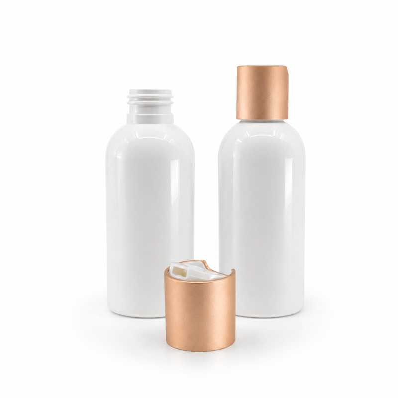 Botella de plástico blanca, tapón disc-top con collar de aluminio oro rosa mate, 150 ml