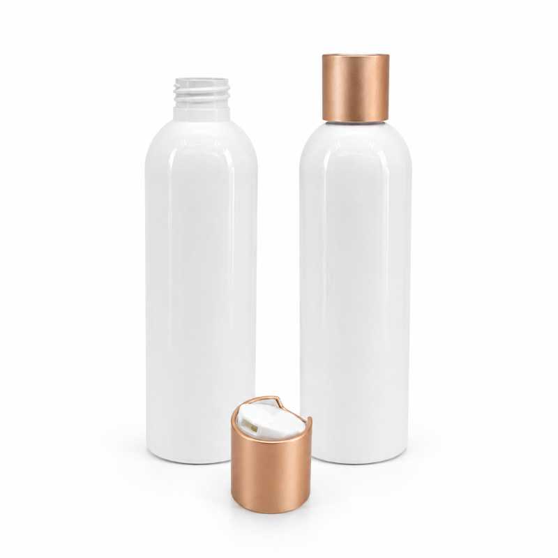 Botella de plástico blanca, tapón disc-top, collar de aluminio rosa dorado mate, 200 ml