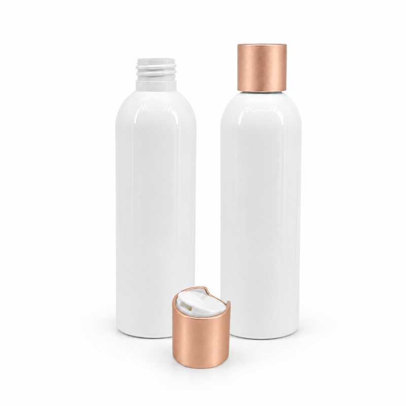 Botella de plástico blanca, tapón disc-top, oro rosa mate, 250 ml