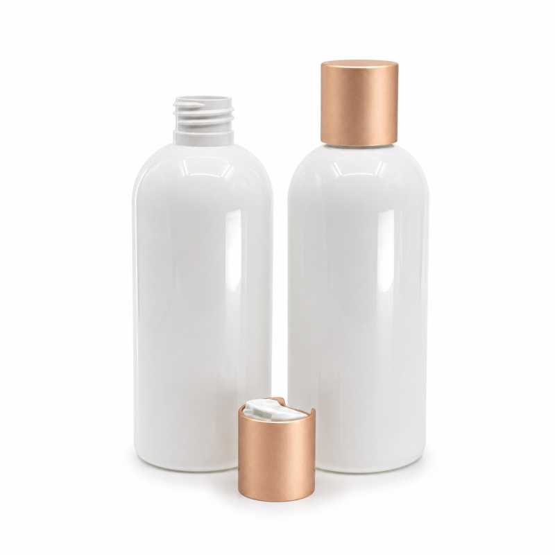 Botella de plástico blanca, tapón disc-top de plástico blanco con cuello de aluminio rose gold mate, 300 ml