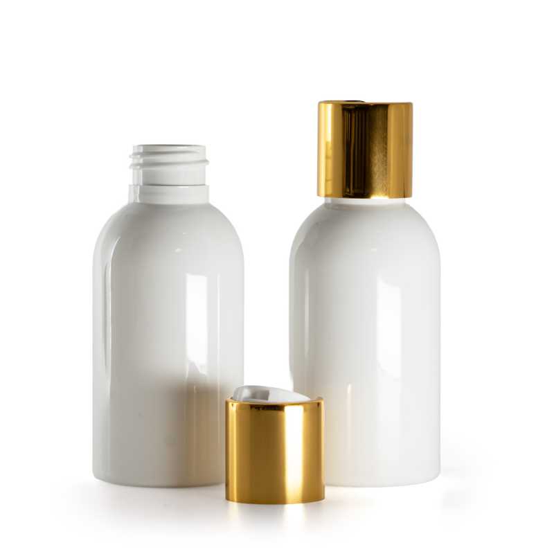 Botella de plástico blanca, tapón disc-top blanco, cuello dorado, 100 ml