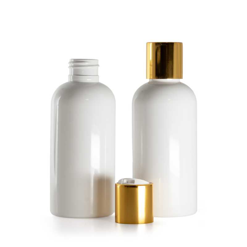 Botella de plástico blanca, tapón disc-top dorado con centro blanco, 150 ml