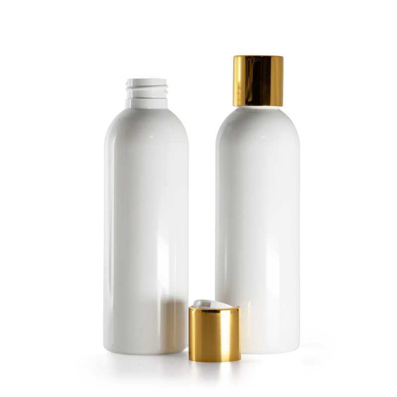 Botella de plástico blanca, tapón disc-top dorado con inserto blanco, 200 ml