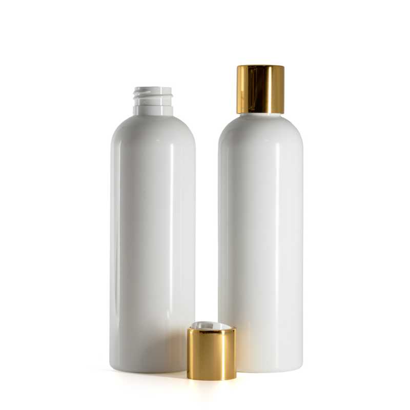 Botella de plástico blanca, tapón disc-top dorado con inserto blanco, 250 ml